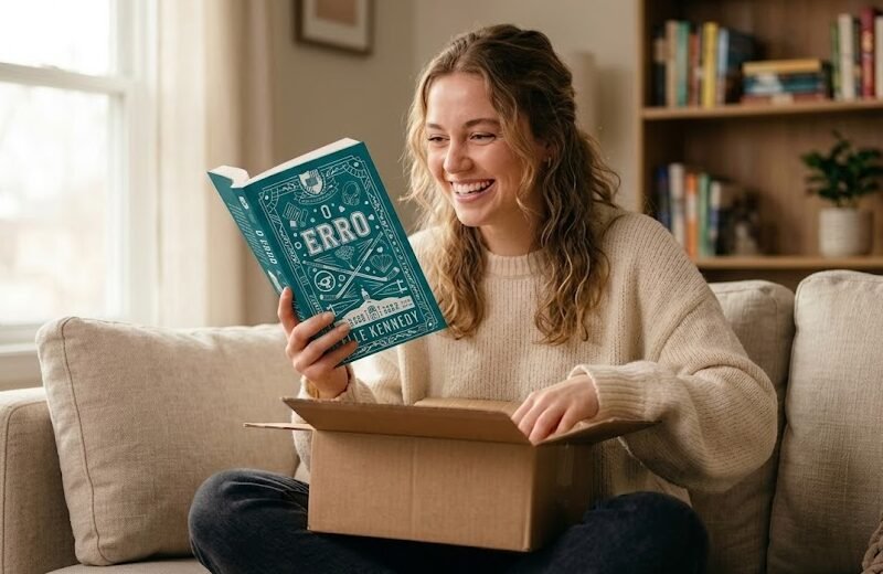 Jovem mulher sorridente sentada no sofá de casa, rasgando a fita de uma caixa de papelão da Amazon e segurando emocionada a edição física do Livro O Erro.