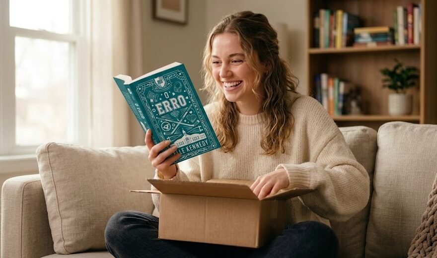 Jovem mulher sorridente sentada no sofá de casa, rasgando a fita de uma caixa de papelão da Amazon e segurando emocionada a edição física do Livro O Erro.