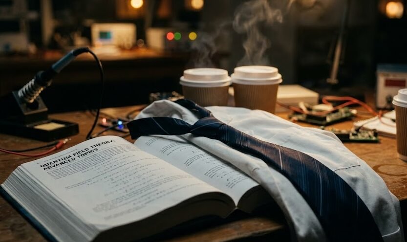 Jaleco e gravata jogados sobre mesa de física, sugerindo o romance intenso de Elsie e Jack em Amor Teoricamente.