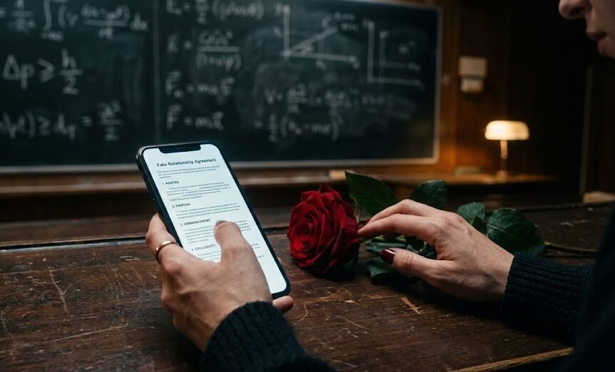 Contrato de namoro falso ao lado de uma rosa real, simbolizando a trama do livro da Ali Hazelwood.