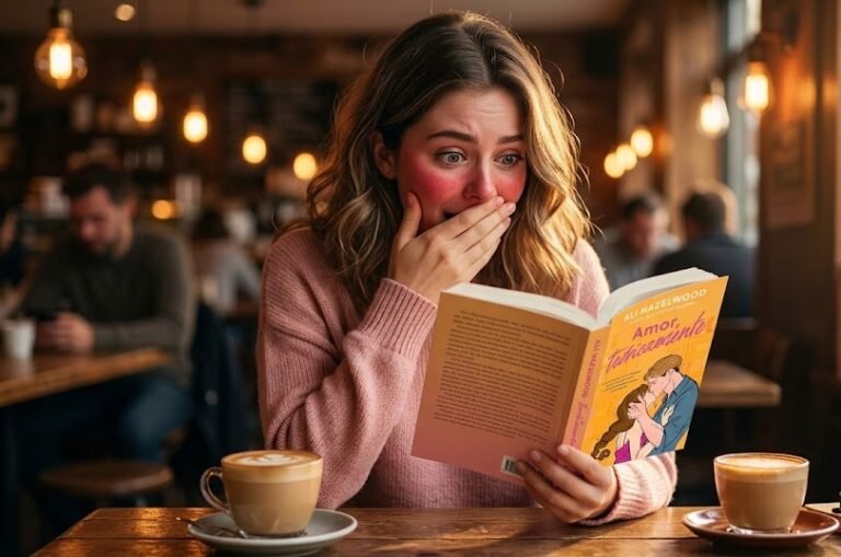 Leitora chocada e feliz lendo o livro Amor Teoricamente de Ali Hazelwood.