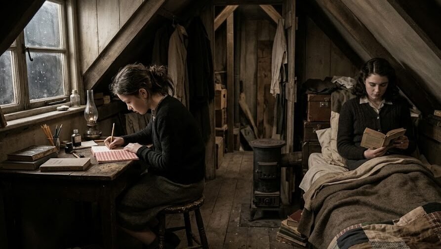 Livro Diario de Anne Frank: Cena histórica de uma adolescente de cabelos escuros escrevendo concentrada em um caderno xadrez, sentada em uma escrivaninha em um quarto escuro e apertado.