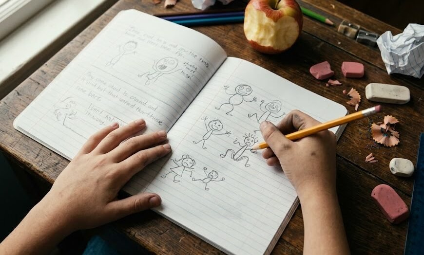 Visão em primeira pessoa de mãos de um garoto desenhando bonecos de palito com um lápis preto em um caderno pautado em cima de uma escrivaninha bagunçada.