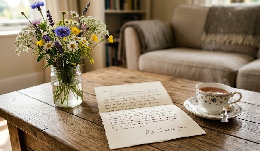 Livro P.S Eu Te Amo Visão aproximada de uma carta aberta em uma mesa de madeira com as palavras legíveis 'P.S. I Love You' ao lado de uma xícara de chá e um buquê de flores do campo.
