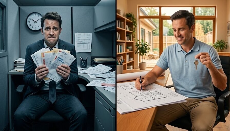 Livro Pai Rico Pai Pobre: Imagem dividida mostrando de um lado um homem de terno estressado segurando boletos em um escritório pequeno, e do outro, um homem relaxado examinando plantas de imóveis com um sorriso.