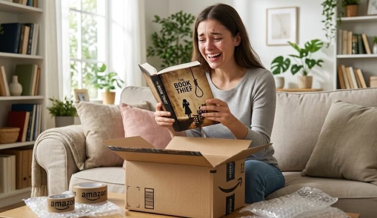 Leitora desembalando emocionada uma caixa da Amazon contendo o livro A Menina que Roubava Livros, com capa em tom sépia mostrando a silhueta de uma garota e peças de dominó.