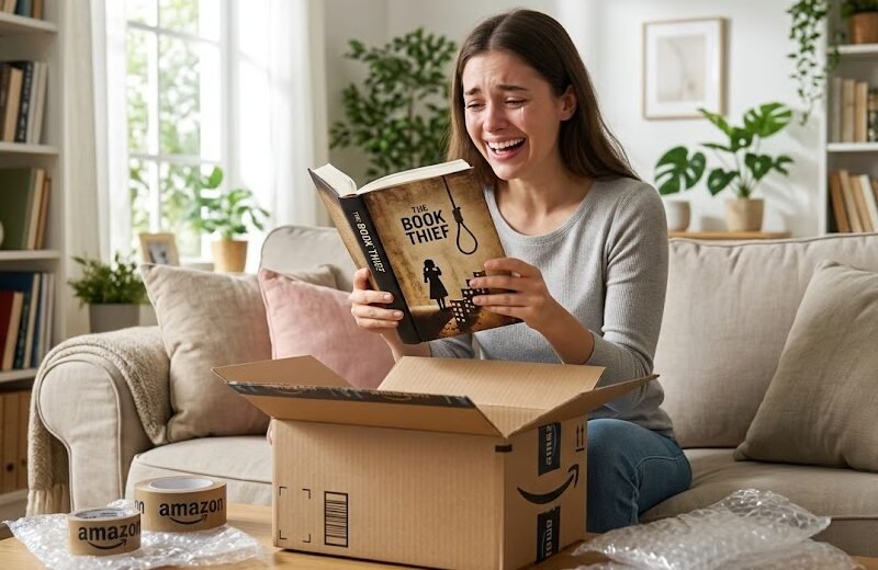 Leitora desembalando emocionada uma caixa da Amazon contendo o livro A Menina que Roubava Livros, com capa em tom sépia mostrando a silhueta de uma garota e peças de dominó.