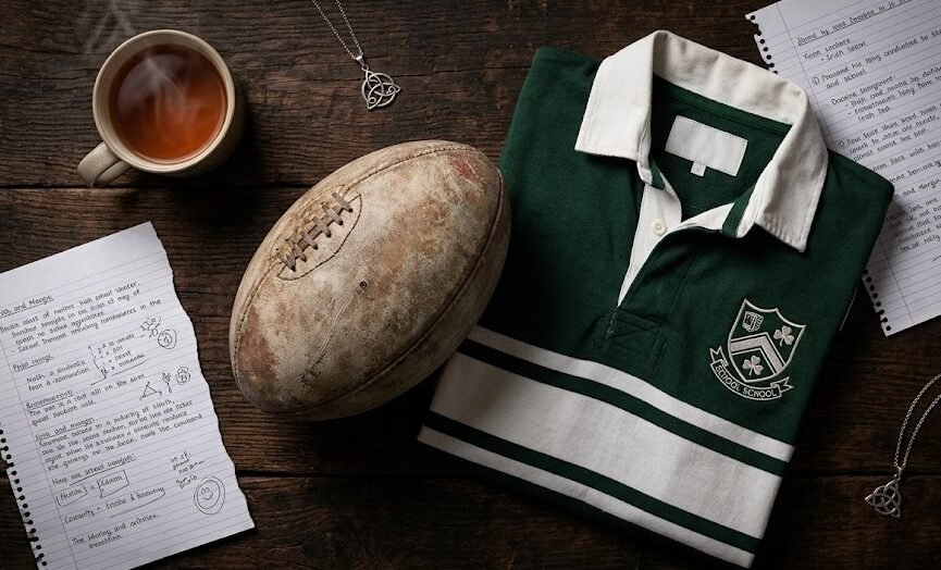 Livro Keeping 13 Uma secretária rústica de madeira com uma bola de râguebi gasta apoiada ao lado de uma chávena de chá, uma camisola desportiva branca e verde escuro, e apontamentos do liceu rasgados.