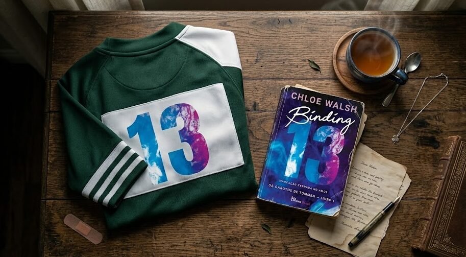 Livro Binding 13 Uma cama arrumada onde repousa uma camisa de rugby verde escuro dobrada ao lado de uma xícara de chá fumegante, um curativo adesivo e fones de ouvido.