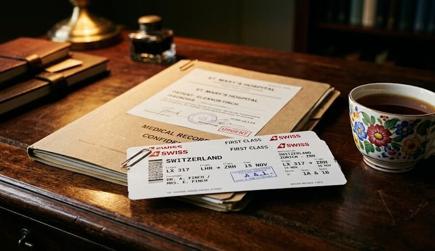 Em cima de uma mesa escura, duas passagens de avião para a Suíça repousam ao lado de um documento médico oficial e uma xícara de chá.