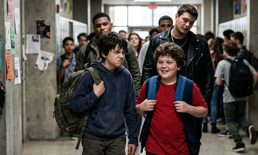 Dois pré-adolescentes andando em um corredor de escola; um parece frustrado e magricela, enquanto o outro caminha inocente e sorridente ao lado de adolescentes enormes e intimidadoras no fundo.