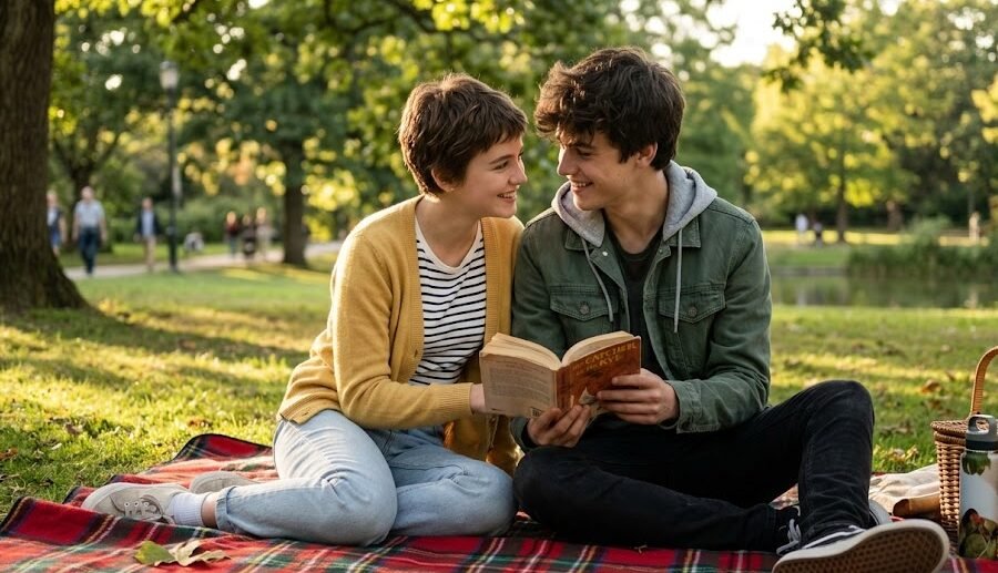 Livro A Culpa é das Estrelas: Um casal de adolescentes sentados próximos sobre uma toalha de piquenique na grama, lendo o mesmo livro juntos e sorrindo. A garota possui cabelos curtos.
