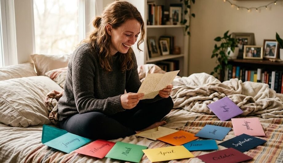 Livro P.S Eu Te Amo Livro P.S Eu Te Amo: Jovem mulher de cabelos escuros chorando e sorrindo ao mesmo tempo, sentada na cama cercada por dez envelopes coloridos manuscritos com letras garrafais.