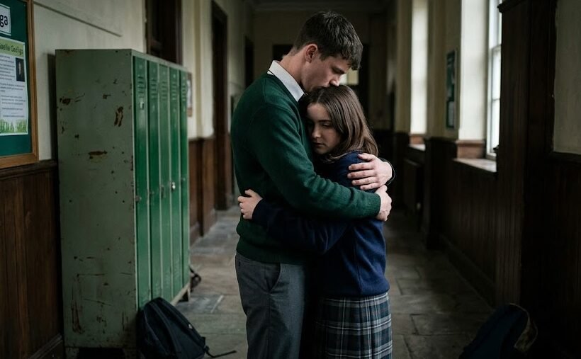 Livro Keeping 13 Livro Keeping 13: Visão cinemática de um rapaz alto com os ombros largos a abraçar de forma protetora uma jovem frágil nos corredores escuros de um liceu irlandês.
