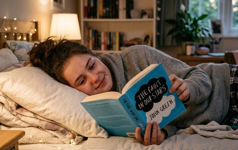 Uma jovem deitada na cama segurando a edição em português do livro A Culpa é das Estrelas, de capa azul clara com duas nuvens pretas e brancas contendo o título do romance.
