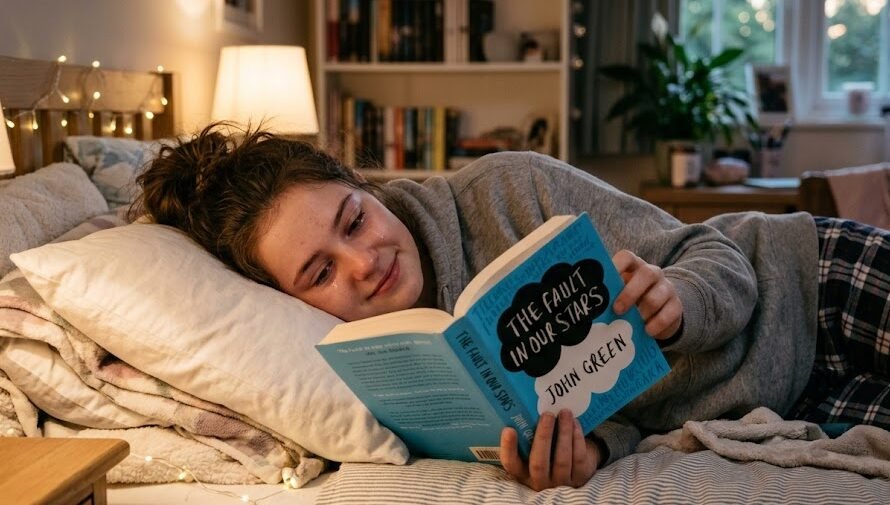 Uma jovem deitada na cama segurando a edição em português do livro A Culpa é das Estrelas, de capa azul clara com duas nuvens pretas e brancas contendo o título do romance.