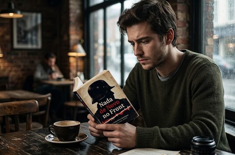 ovem lendo concentrado a edição de bolso do livro Nada de Novo no Front, cuja capa possui cores preta, branca e vermelha com silhuetas de soldados.