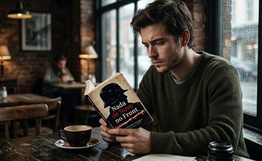 ovem lendo concentrado a edição de bolso do livro Nada de Novo no Front, cuja capa possui cores preta, branca e vermelha com silhuetas de soldados.