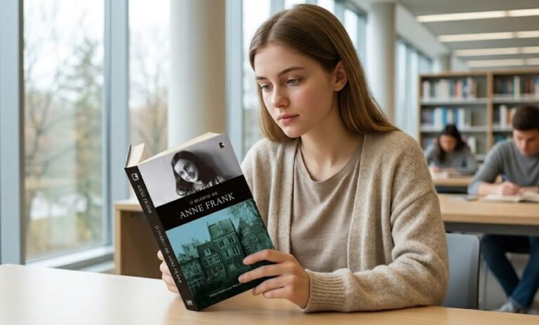 Estudante emocionada segurando e lendo o livro Diário de Anne Frank, que possui capa xadrez em vermelho e branco com a foto do rosto da menina.