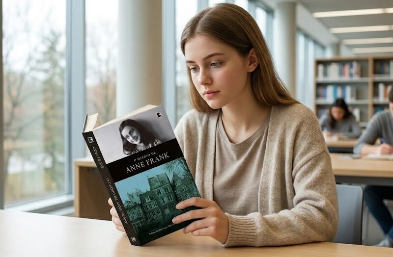 Estudante emocionada segurando e lendo o livro Diário de Anne Frank, que possui capa xadrez em vermelho e branco com a foto do rosto da menina.