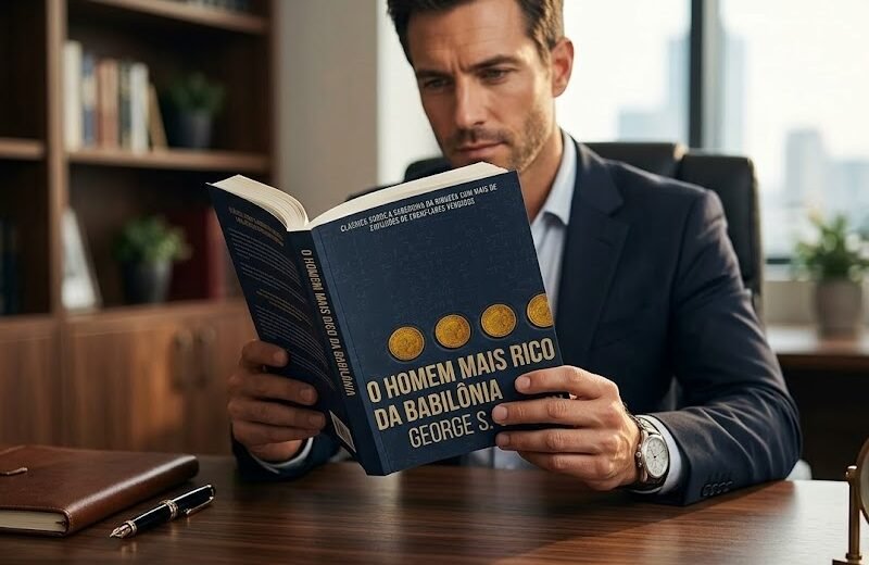 Uma pessoa segurando o livro O Homem Mais Rico da Babilônia, que possui uma capa escura clássica com detalhes em tons de ouro lembrando moedas antigas ou um portão.