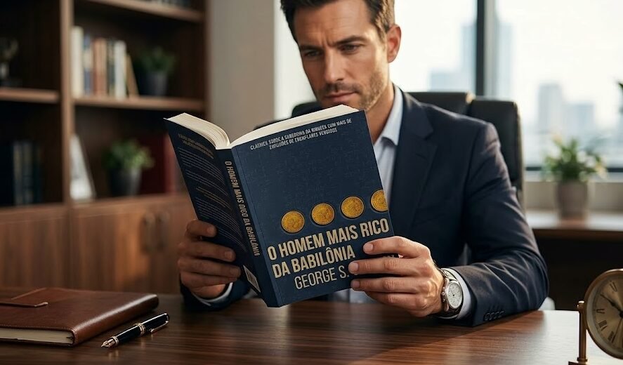 Uma pessoa segurando o livro O Homem Mais Rico da Babilônia, que possui uma capa escura clássica com detalhes em tons de ouro lembrando moedas antigas ou um portão.
