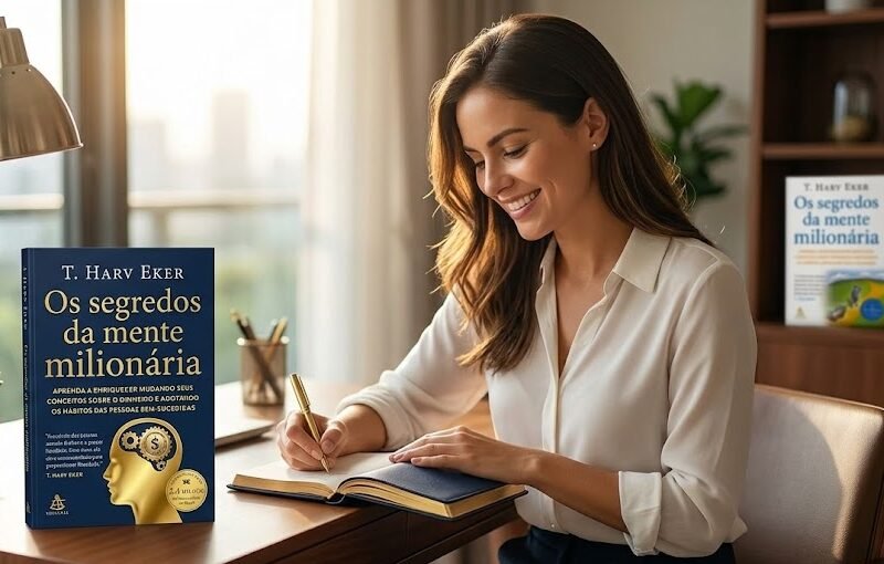 Uma mulher sentada em uma escrivaninha moderna com um sorriso confiante, fazendo anotações em um caderno enquanto lê o livro Os Segredos da Mente Milionária, de capa azul-marinho com detalhes em dourado.