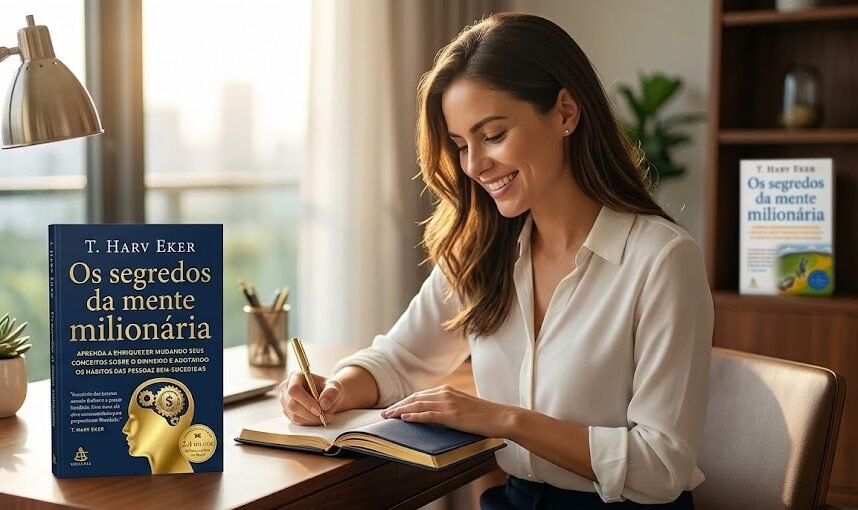 Uma mulher sentada em uma escrivaninha moderna com um sorriso confiante, fazendo anotações em um caderno enquanto lê o livro Os Segredos da Mente Milionária, de capa azul-marinho com detalhes em dourado.