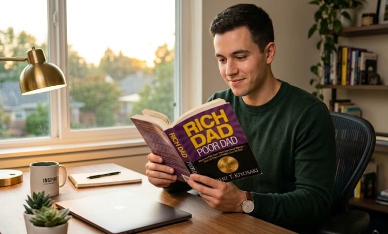 Homem jovem sentado em um escritório moderno, focado e sorrindo enquanto lê a edição do livro Pai Rico, Pai Pobre, de capa roxa com letras douradas e pretas