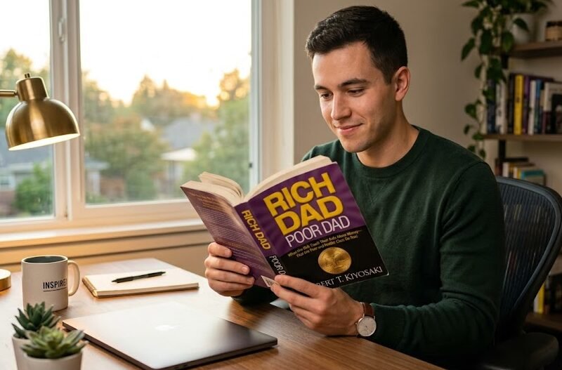 Homem jovem sentado em um escritório moderno, focado e sorrindo enquanto lê a edição do livro Pai Rico, Pai Pobre, de capa roxa com letras douradas e pretas