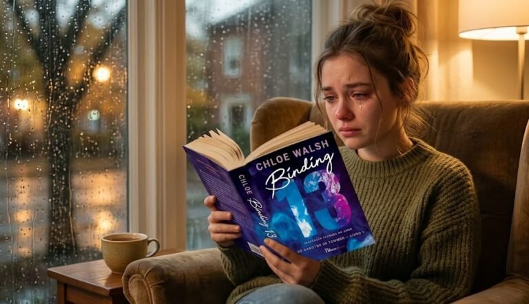 Jovem mulher aconchegada em uma poltrona, parecendo visivelmente emocionada, segurando o livro grosso Binding 13, de capa predominantemente preta com letras grandes e o número 13.
