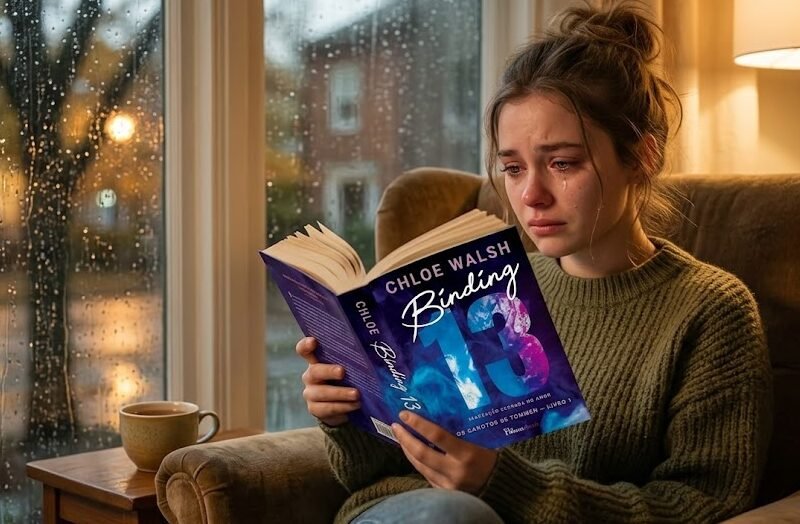Jovem mulher aconchegada em uma poltrona, parecendo visivelmente emocionada, segurando o livro grosso Binding 13, de capa predominantemente preta com letras grandes e o número 13.