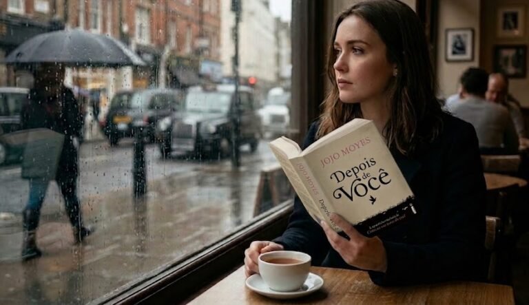 ovem mulher em um café londrino, olhando pensativa pela janela enquanto segura a edição do livro Depois de Você, que possui capa verde-água com uma delicada silhueta feminina.