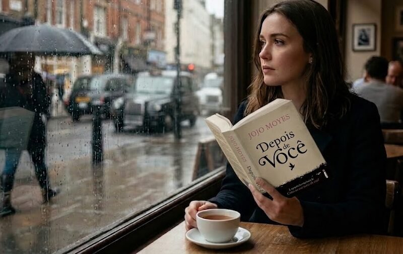 ovem mulher em um café londrino, olhando pensativa pela janela enquanto segura a edição do livro Depois de Você, que possui capa verde-água com uma delicada silhueta feminina.