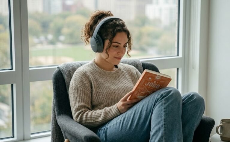 Mulher jovem com fones de ouvido relaxando em uma poltrona de leitura moderna perto de uma janela, segurando e lendo atentamente o exemplar físico do Livro O Jogo.