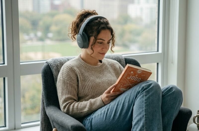 Mulher jovem com fones de ouvido relaxando em uma poltrona de leitura moderna perto de uma janela, segurando e lendo atentamente o exemplar físico do Livro O Jogo.