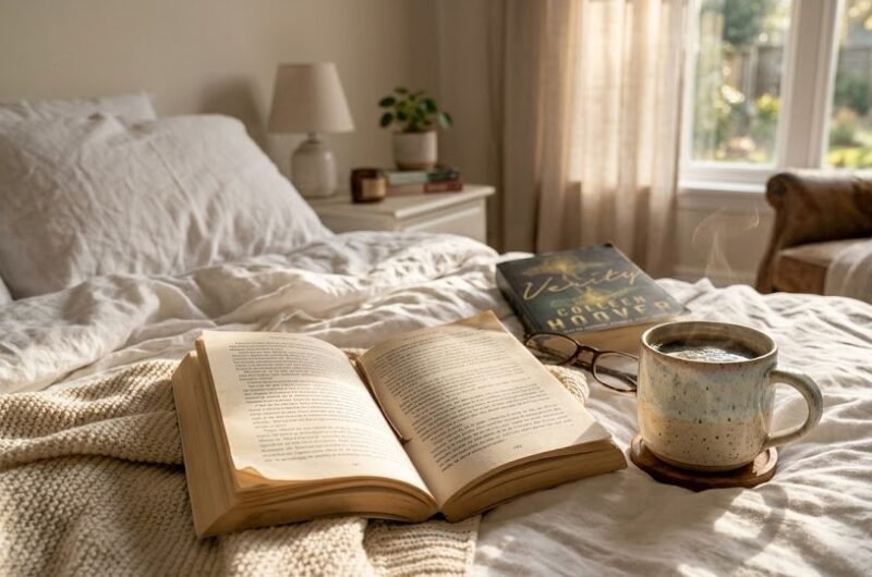 Livro O Acordo de Elle Kennedy aberto em cima de uma cama aconchegante com uma caneca de café e luz natural, transmitindo uma atmosfera relaxante de leitura.