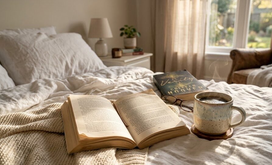 Livro O Acordo de Elle Kennedy aberto em cima de uma cama aconchegante com uma caneca de café e luz natural, transmitindo uma atmosfera relaxante de leitura.
