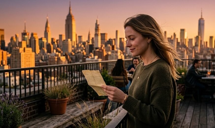 livro ainda sou eu: Jovem mulher pensativa olhando para o horizonte cheio de arranha-céus de Nova York no topo de um prédio durante o pôr do sol, segurando uma velha carta.