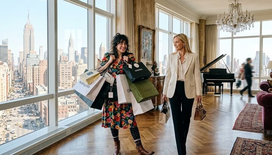 Jovem mulher de vestido vintage colorido e sapatos divertidos, segurando sacolas de compras elegantes enquanto caminha ao lado de uma mulher rica e loira em um luxuoso apartamento de Manhattan.