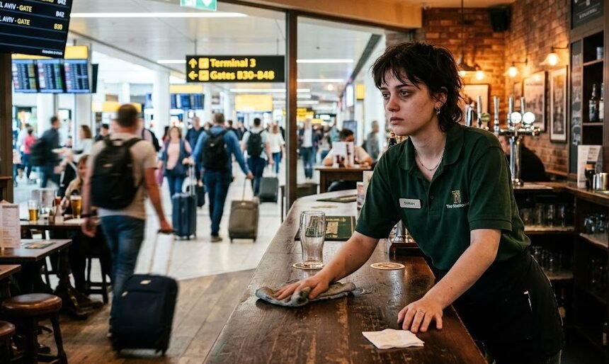 Imagem Imaginaria do livro depois de você: Jovem mulher com uniforme de garçonete verde, parecendo exausta e melancólica, limpando um balcão de um pub movimentado de aeroporto, enquanto viajantes passam com malas ao fundo.