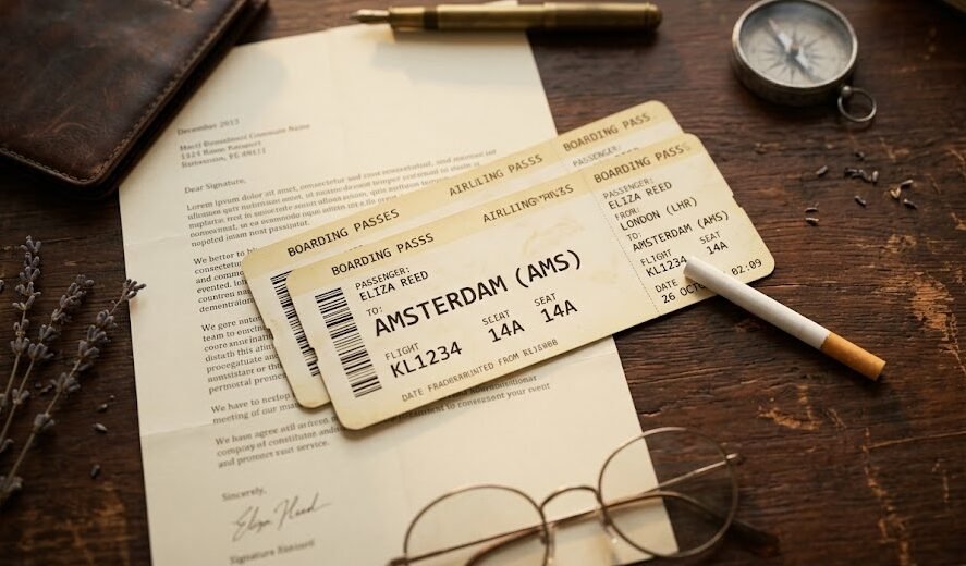 Visão aproximada de uma mesa de madeira envelhecida contendo duas passagens aéreas para Amsterdã, uma xícara de café e um cigarro apagado descansando em um pires.