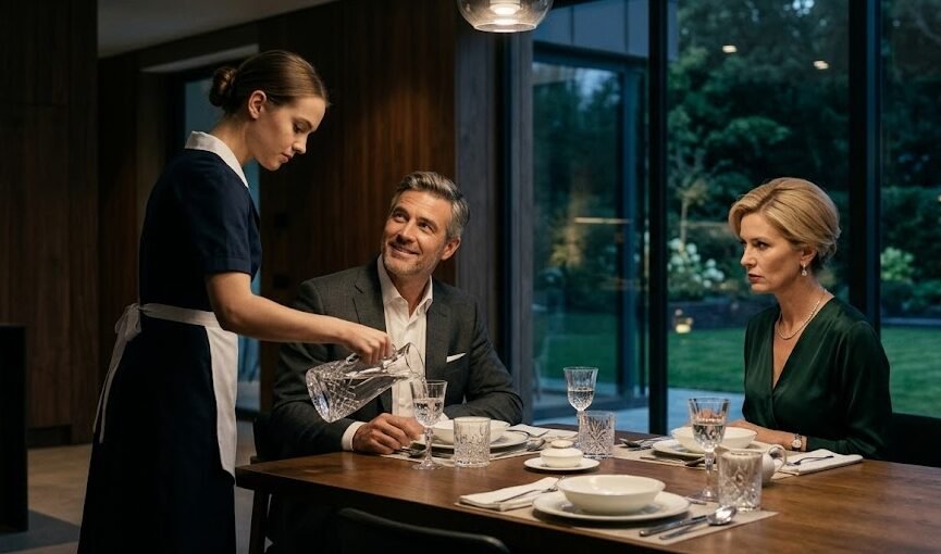 Empregada doméstica de uniforme servindo o jantar para um casal rico em uma sala luxuosa, onde a esposa a encara com raiva e o marido sorri de forma simpática.