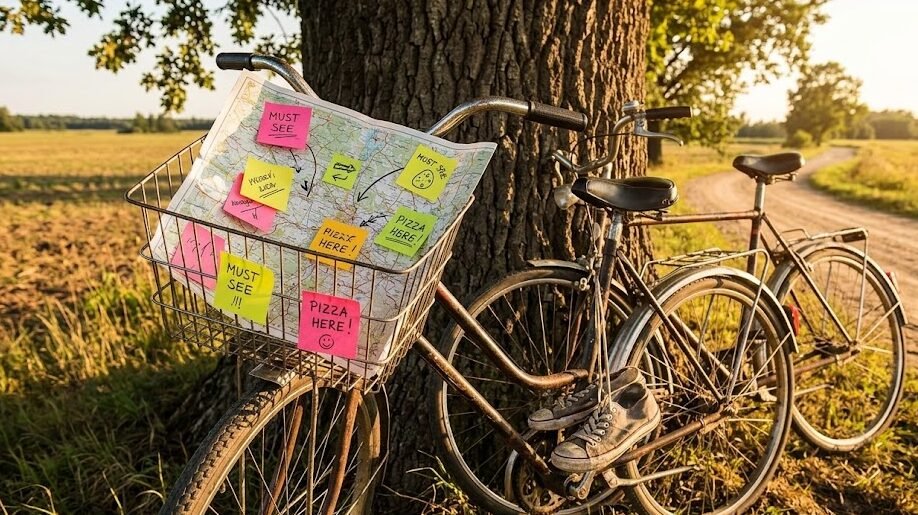 Livro Por Lugares Incríveis Duas bicicletas vintage encostadas em uma árvore frondosa no meio de uma estrada de terra rural. Na cesta de uma delas, há um mapa aberto cheio de anotações e pequenos post-its coloridos.