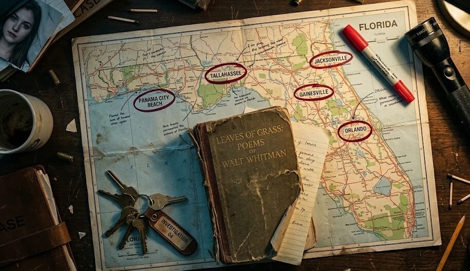 Livro Cidade de Papel Uma mesa de madeira bagunçada vista de cima, contendo um velho mapa de estradas dos Estados Unidos com círculos vermelhos, um marcador de texto e o clássico livro de poesia 'Folhas de Relva'.
