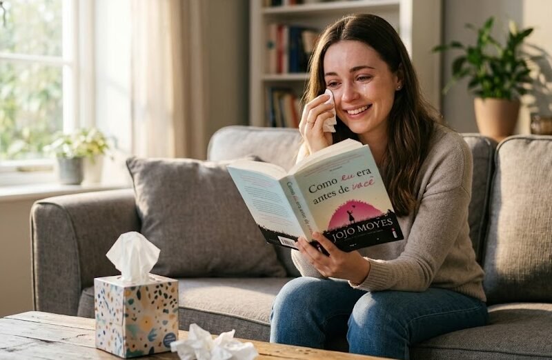 Mulher emocionada enxugando as lágrimas enquanto lê o romance Como Eu Era Antes de Você de Jojo Moyes.