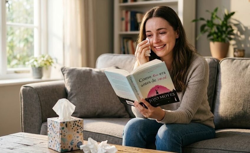 Mulher emocionada enxugando as lágrimas enquanto lê o romance Como Eu Era Antes de Você de Jojo Moyes.