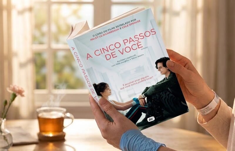 Uma pessoa sentada perto de uma janela ensolarada, segurando o livro A Cinco Passos de Você, que mostra na capa a silhueta de dois jovens deitados em lados opostos de uma ilustração de pulmão feita de flores.
