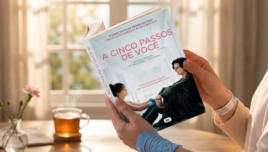 Uma pessoa sentada perto de uma janela ensolarada, segurando o livro A Cinco Passos de Você, que mostra na capa a silhueta de dois jovens deitados em lados opostos de uma ilustração de pulmão feita de flores.