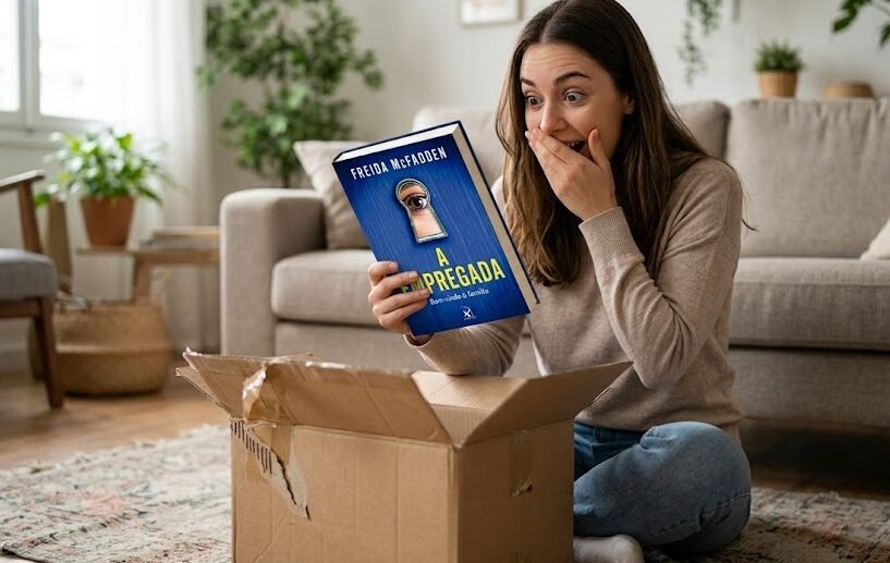 Mulher abrindo pacote com expressão chocada ao segurar o livro A Empregada, de Freida McFadden, que tem um olho espiando pela fechadura na capa.